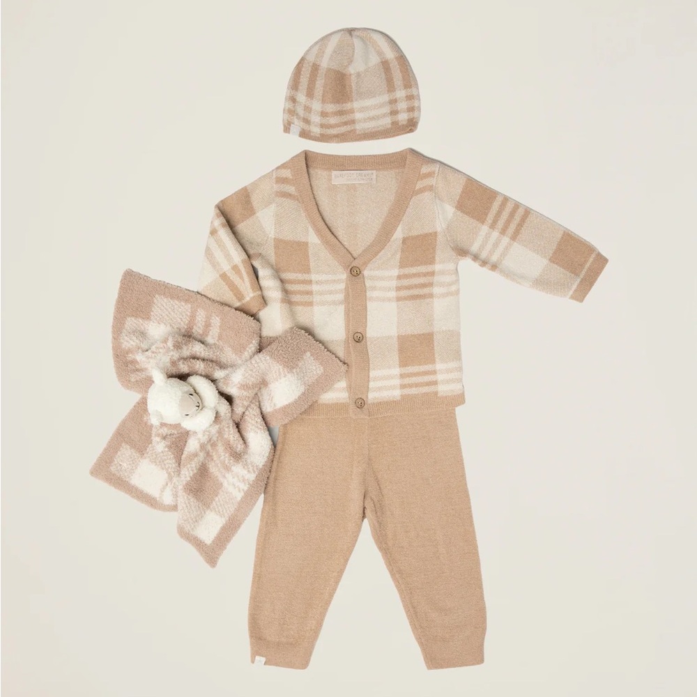 Barefoot Dreams CozyChic Plaid Baby cardigan & hat cream/tan  6-12 Months - Picture 6 of 7